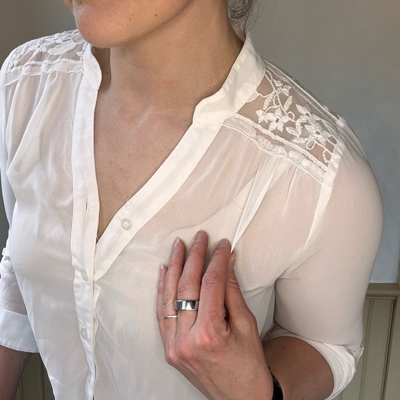 mine Sheer Embroidered Blouse Bridal Honeymoon Lace Front Tie Detail Womens Sz L - Picture 3 of 10
